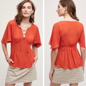 HD IN PARIS Red Orange Palo Alto Silky Lace Up Blouse